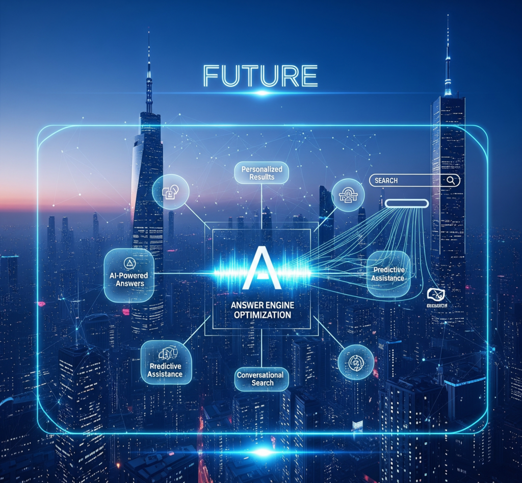 Futuristic city with digital Answer Engine Optimization concepts like AI answers and predictive search.